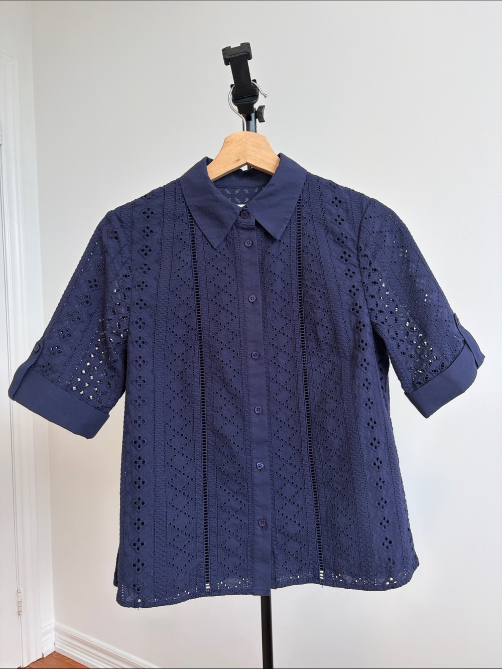 Hobbs Cristie Broderie Short Sleeve Button Up 100% Cotton Shirt Navy UK8
